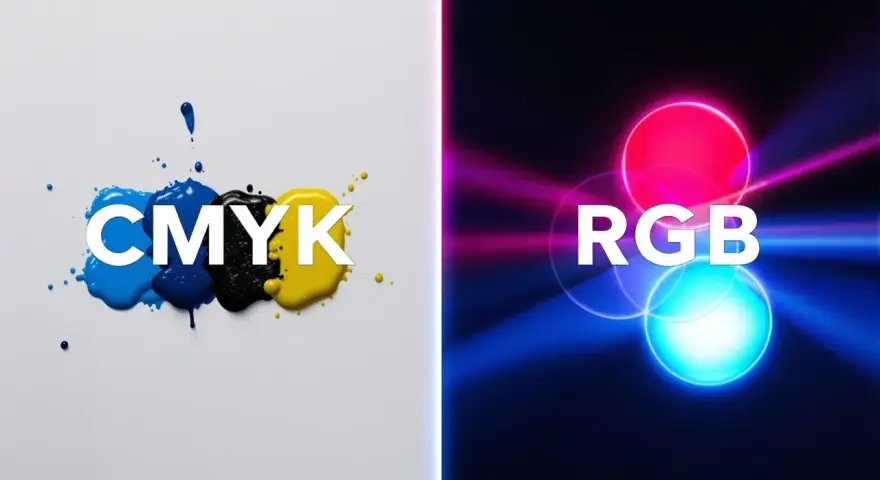 Kontrast między drukiem CMYK a światłem RGB. Plamy farby cyjan, magenta, żółtej i czarnej obok neonowych kół czerwonego, zielonego i niebieskiego.