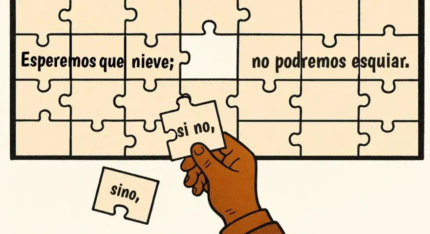 Un rompecabezas con la frase "Esperemos que nieve; no podremos esquiar". Una mano sostiene la pieza "si no,".