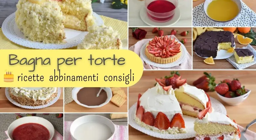 Collage di torte e ingredienti per bagna per pan di spagna: torte decorate, fragole, arance, gelatina, creme e sciroppi.