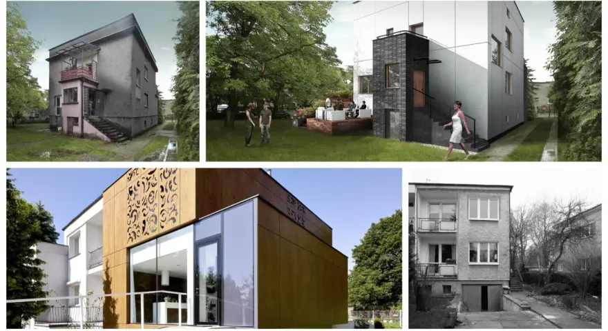 Kolaż zdjęć: stary dom kostka PRL, nowoczesna architektura, ludzie w ogrodzie, kobieta w białej sukience.