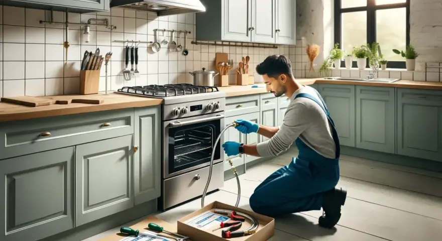Instalator w niebieskim kombinezonie pokazuje, jak podłączyć kuchenkę gazową, trzymając w rękach wąż i złączki.