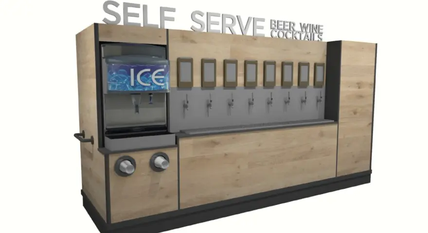 Nowoczesny drink bar zamiast barmana: samoobsługowe nalewaki do piwa, wina i koktajli, z dystrybutorem lodu.
