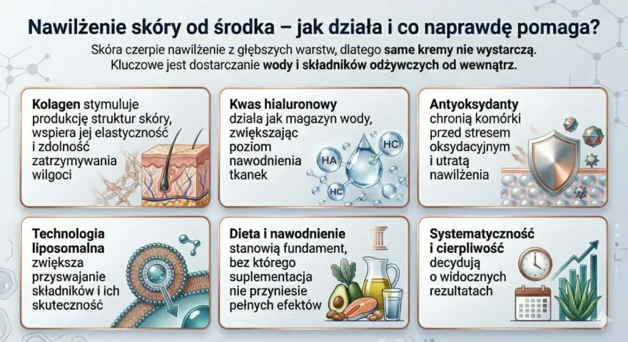 NMF co to? Grafika wyjaśnia nawilżenie skóry od środka: kolagen, kwas hialuronowy, antyoksydanty, technologia liposomalna, dieta i systematyczność.