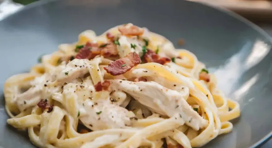 Krämig pasta med kyckling och knaprigt bacon. En härlig bacon pasta som ser utsökt ut.
