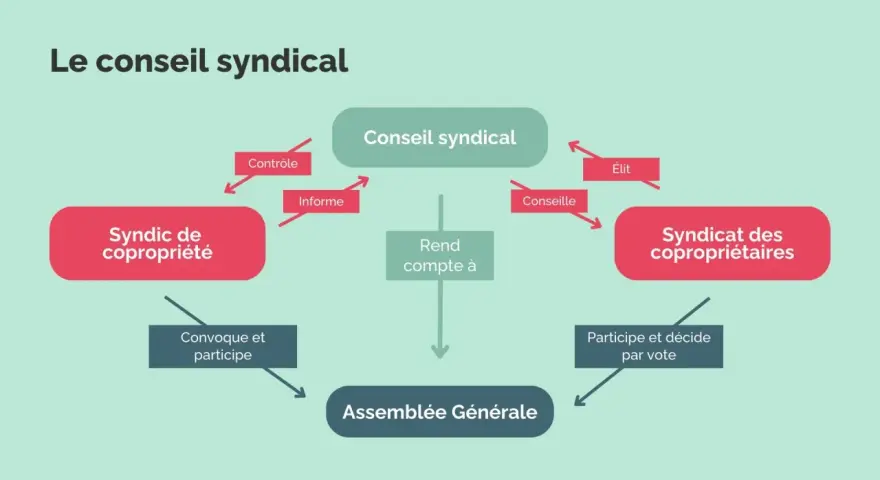 Schéma illustrant le rôle du conseil syndical : il contrôle le syndic de copropriété, le conseille, et rend compte à l'assemblée générale. La responsabilité du syndic est centrale.