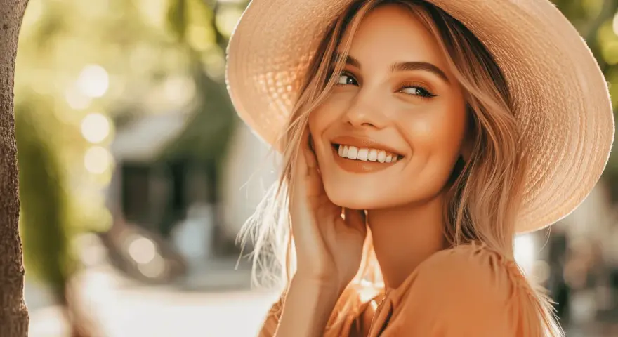 Une femme souriante, chapeau de paille, robe orange, lumière douce. C'est ce que les hommes aiment que les femmes fassent : rayonner de joie.