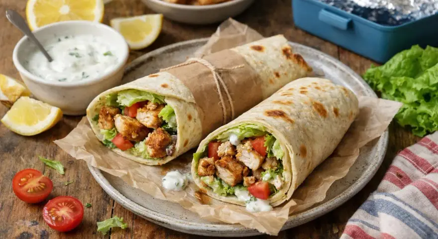 Deux wraps poulet savoureux, garnis de poulet croustillant, salade et tomates, prêts à être dégustés. Une recette wrap poulet facile et rapide.