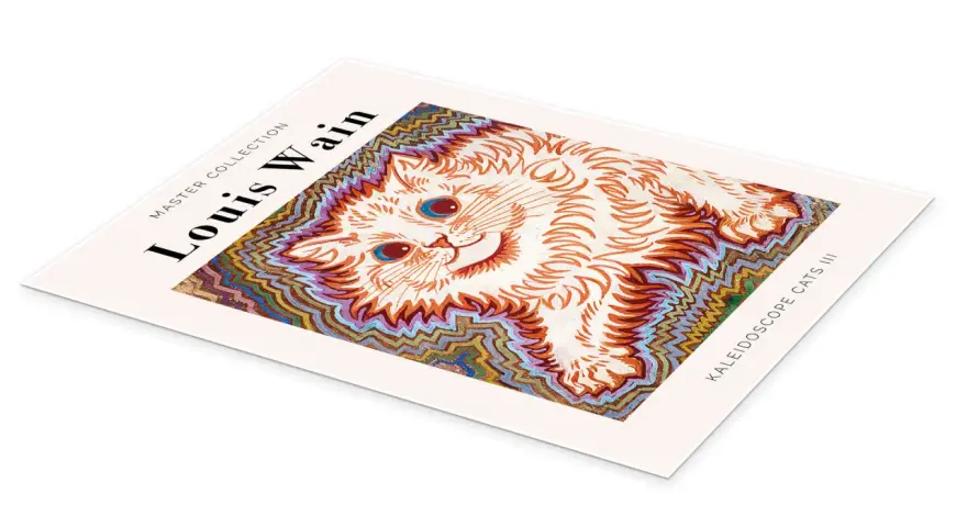 Un chat blanc aux yeux bleus, dans le style psychédélique des louis wain cats, entouré d'un motif kaléidoscopique.