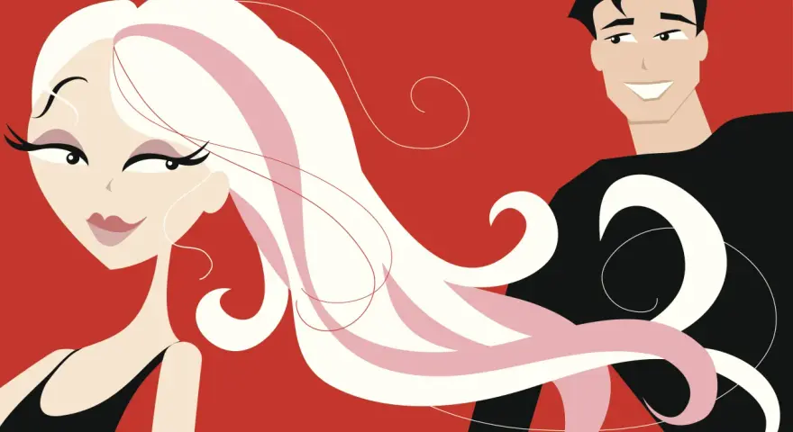 Ilustracja stylizowana: kobieta z blond włosami i mężczyzna z czarnymi włosami na czerwonym tle.