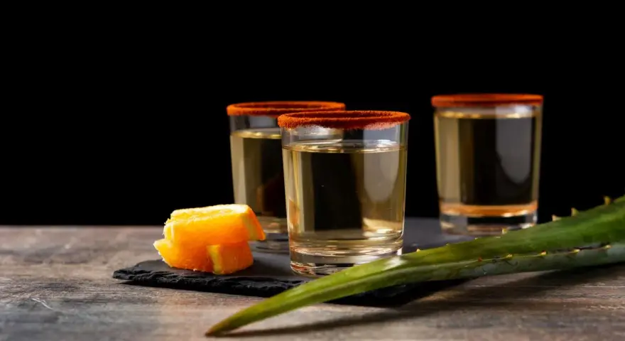 Trzy kieliszki z tequila i mezcal, ozdobione solą chili, obok pomarańczy i liścia agawy.
