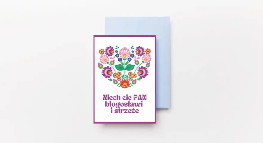 Kartka z życzeniami w stylu ludowym, ozdobiona sercem z kwiatów. Napis: "Niech cię PAN błogosławi i strzeże".