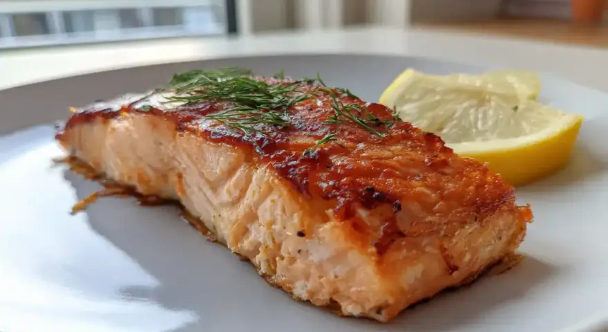 En saftig laxfilé med krispig yta, toppad med dill och serverad med citronklyftor. Perfekt lax med citronsås!