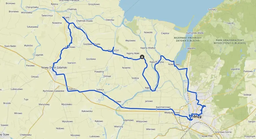 Mapa z zaznaczonymi trasami rowerowymi wokół Elbląga, prowadzącymi przez malownicze tereny Żuław i Rezerwatu Przyrody Zatoka Elbląska.