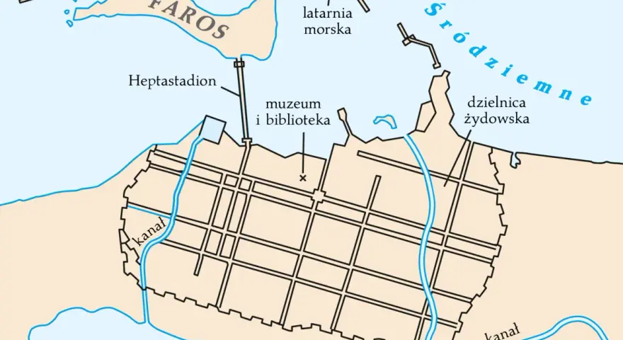 Mapa starożytnej Aleksandrii pokazuje, gdzie leży miasto: nad Morzem Śródziemnym, z portem, latarnią morską, Heptastadionem i dzielnicą żydowską.