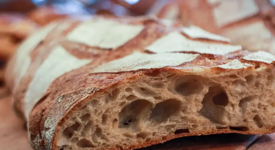 Una fetta di pane con lievito madre, crosta dorata e alveolatura pronunciata.