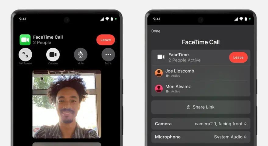 Dwa ekrany telefonu z rozmową FaceTime. Na lewym widać uśmiechniętego mężczyznę, na prawym listę uczestników.