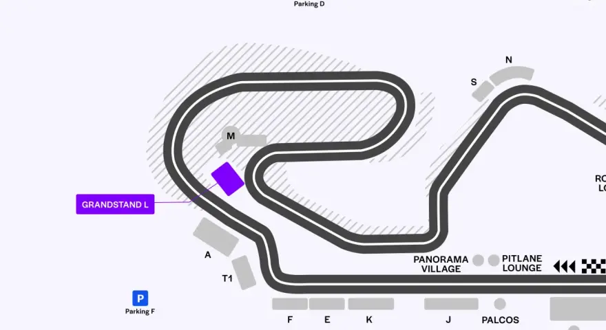 Mapa del circuito de Montmeló, con zonas de aparcamiento (P), gradas (GRANDSTAND L) y áreas de interés para la clasificación F1 Barcelona.