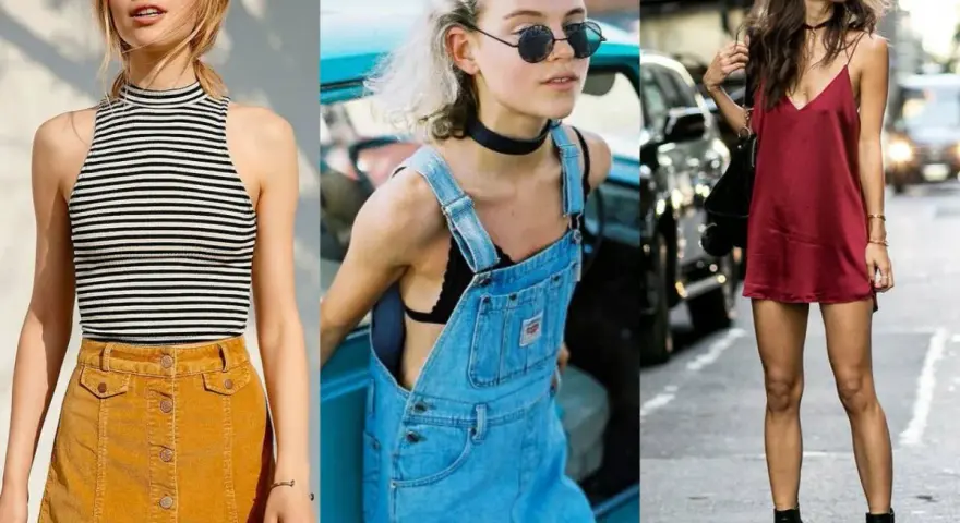 Trzy kobiety w stylizacjach inspirowanych modą lat 90.: w sztruksowej spódniczce, jeansowej sukience na szelkach i satynowej mini.