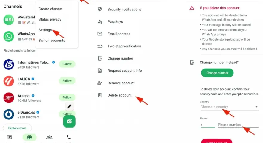 WhatsApp-Menü mit Pfeilen, die auf Einstellungen, Konto löschen und Telefonnummern-Eingabe zeigen.