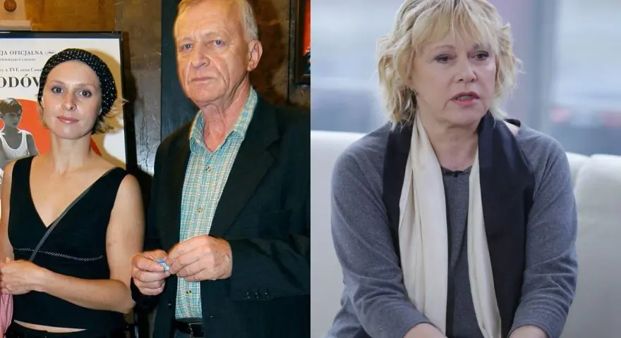 Witold Holtz z młodszą kobietą obok plakatu, a po prawej siedząca kobieta z blond włosami.