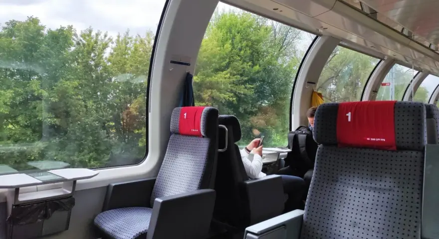 Wnętrze wagonów IC 3806 Malczewski. Siedzenia w pierwszej klasie, widok na zielone drzewa za oknem.