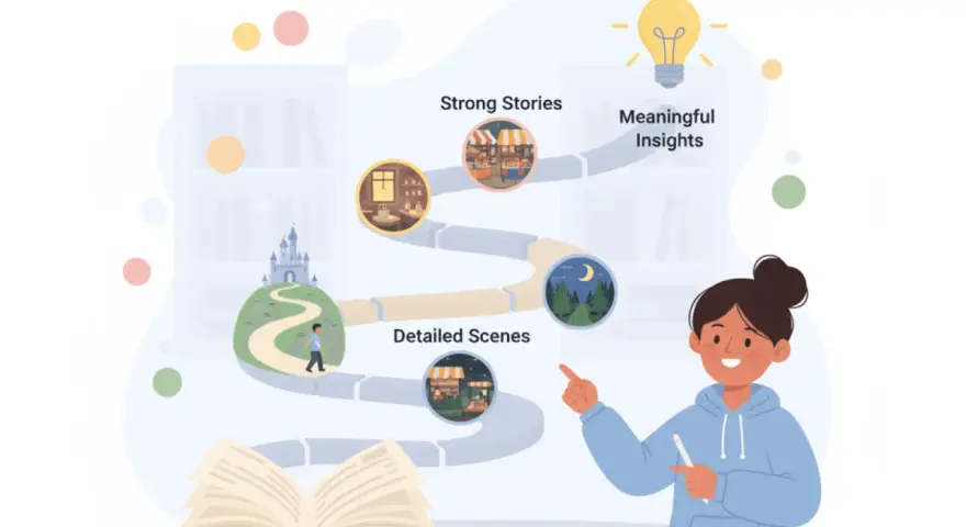 Una chica explica el camino de una **historia narrativa**: desde un castillo hasta escenas detalladas, historias sólidas y, finalmente, ideas significativas.
