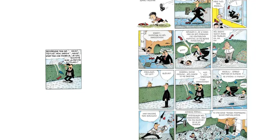 Jak zrobić komiks o Mikołajku? Zobacz, jak tata próbuje posprzątać ogród po jego zabawach z samochodzikami.