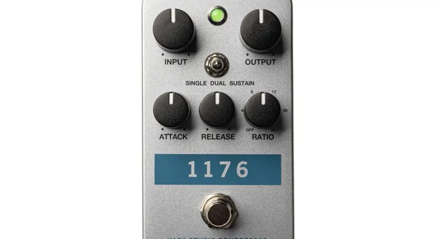 Srebrny efekt gitarowy 1176 compressor z pokrętłami Input, Output, Attack, Release, Ratio i przełącznikiem Single Dual Sustain.