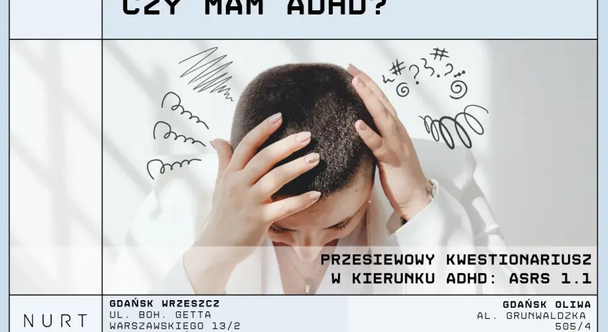 Kobieta z rękami na głowie, otoczona rysunkami symbolizującymi chaos myśli. "Czy mam ADHD?" i informacja o kwestionariuszu ASRS 1.1.