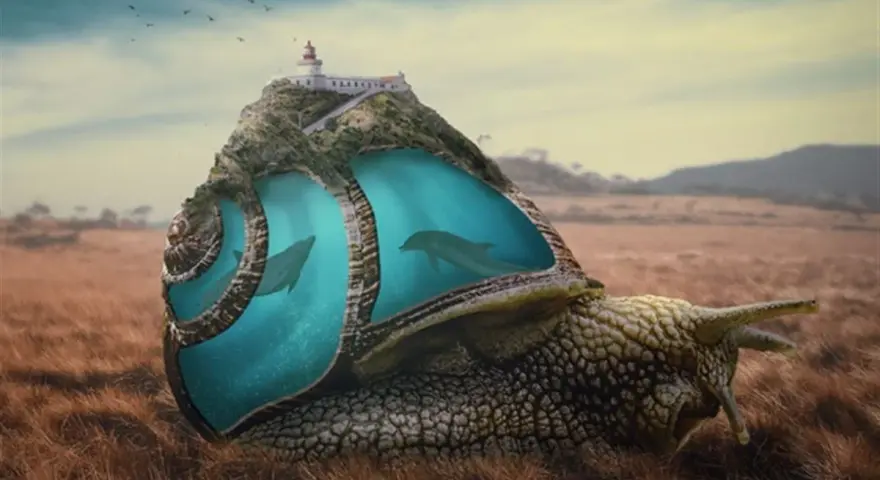 Un escargot géant porte une île avec un phare, abritant des dauphins dans sa coquille. Un montage photo photoshop surréaliste.