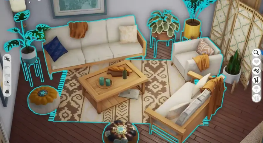 Diseño de sala de estar en Sims 5, con sofás, mesa de centro, plantas y un biombo.
