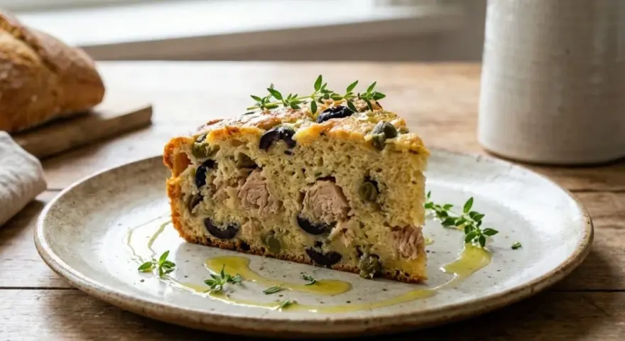 Tranche de cake au thon, olives noires et câpres, garnie de thym frais, sur une assiette avec un filet d'huile d'olive.