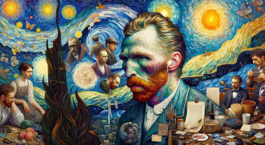 Van Gogh i Paris, omgiven av sina verk och andra konstnärer. En drömsk, virvlande nattscen.