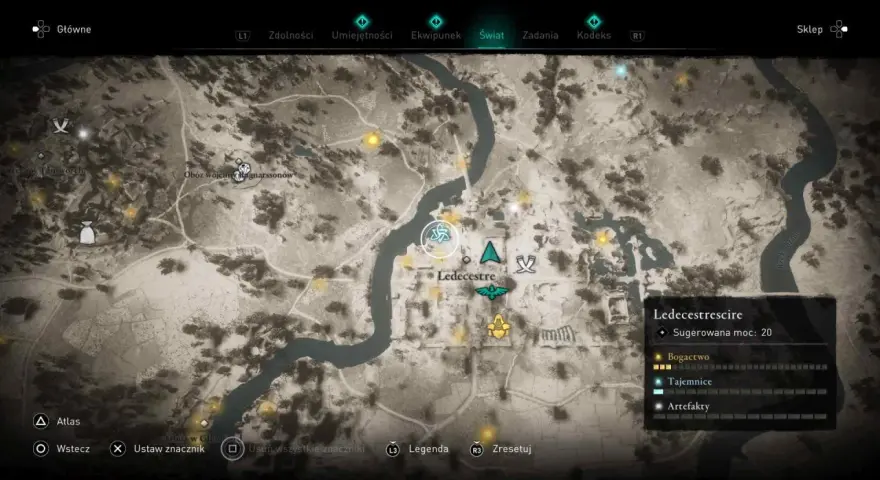 Mapa z gry Assassin's Creed Valhalla. Widoczny obszar Ledecestrescire, z zaznaczonymi punktami bogactwa i tajemnic. Poradnik AC Valhalla.