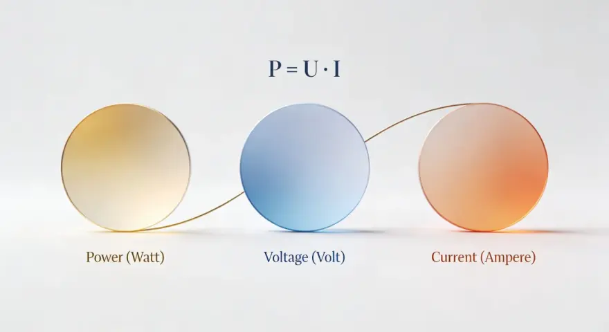 Tre cirklar som representerar effekt (watt), spänning (volt) och ström (ampere) kopplade med en linje. Formeln P = U * I visas.