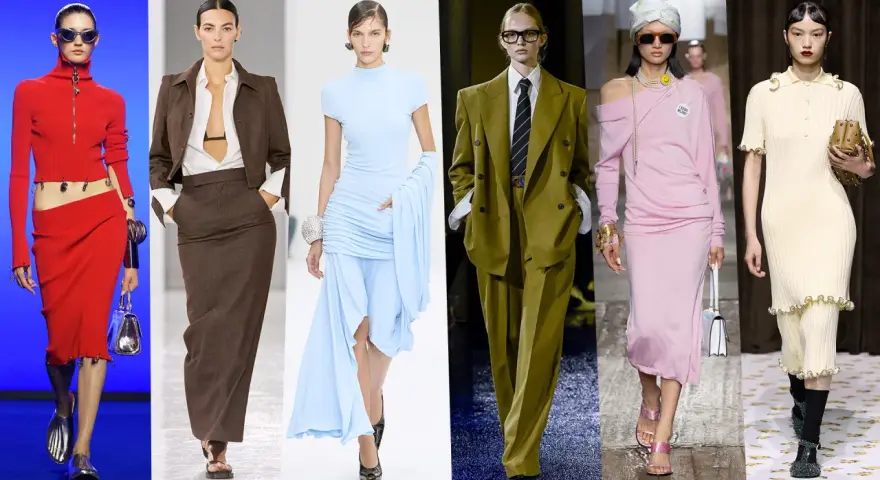 Moda estate 2024 donna: abiti audaci rossi, completi eleganti marroni e azzurri, tailleur verdi e vestiti rosa e crema.