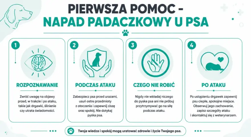 Pierwsza pomoc przy atakach padaczki u psa: rozpoznawanie, postępowanie podczas i po ataku, czego nie robić. Twoja wiedza ratuje życie.