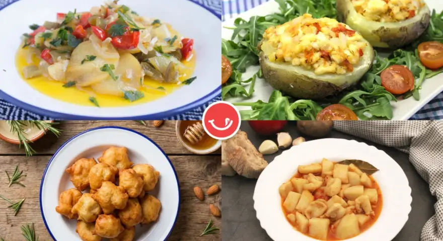 Cuatro deliciosas recetas con patatas: patatas guisadas, patatas rellenas, patatas fritas y patatas con verduras.