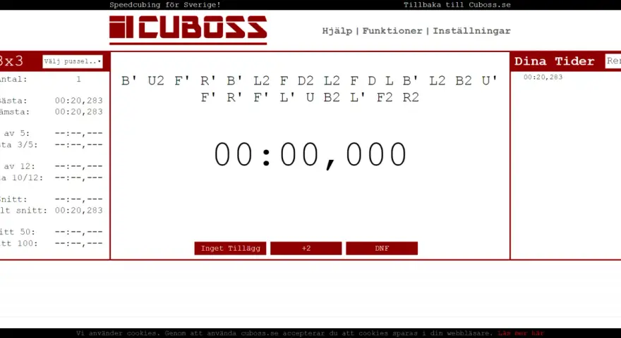 En rubiks kub timer visar en tid på 00:00,000. Bredvid syns en lista med tider och en sekvens av drag.