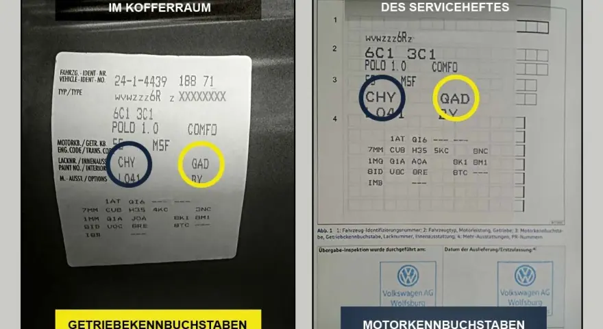 Aufkleber im Kofferraum und Serviceheft zeigen, wie man den **Getriebetyp herausfinden** kann. CHY und QAD sind die Kennbuchstaben.