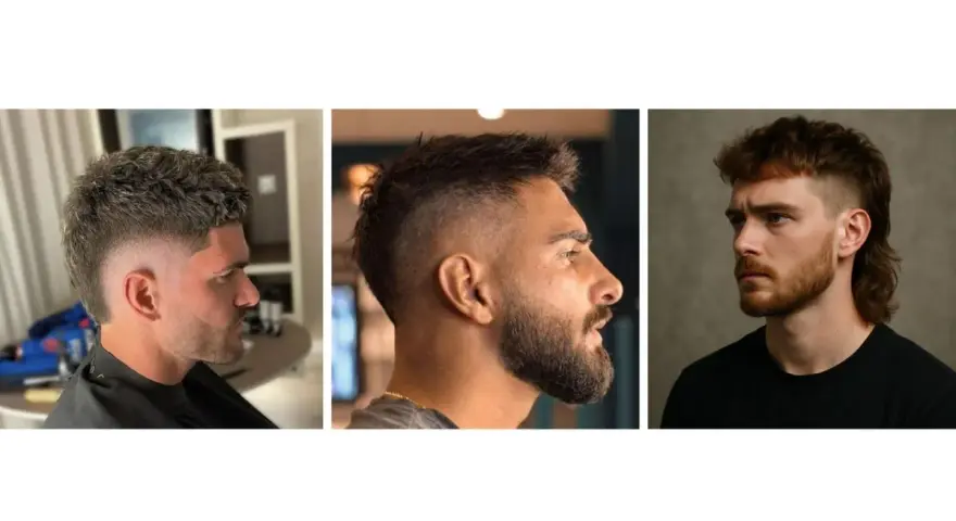 Tres hombres con cortes de pelo modernos. El de la izquierda tiene un mullet con degradado. El del medio, un degradado con barba. El de la derecha, un mullet con flequillo.