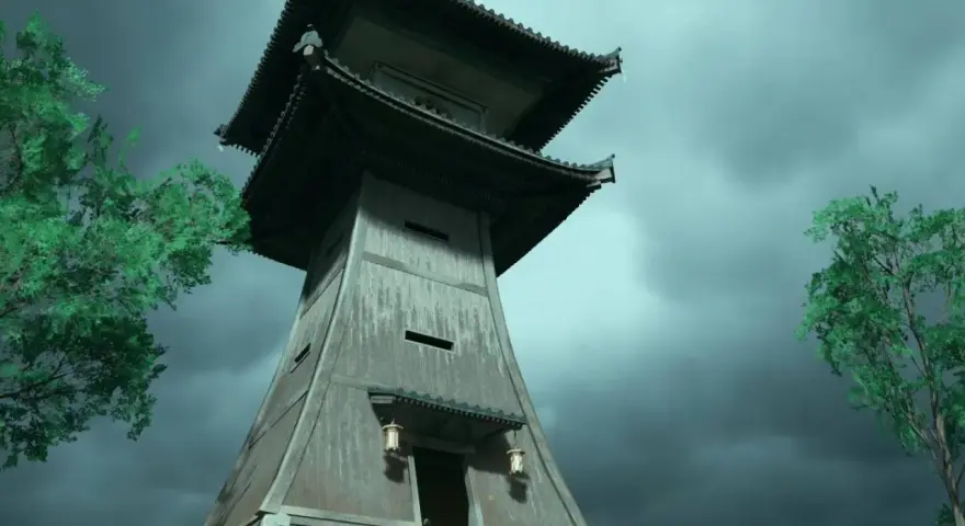 Torre de vigilancia de madera con tejados curvos, como los faros de Ghost of Tsushima, bajo un cielo tormentoso.