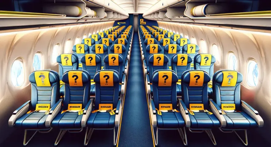 Puste siedzenia w samolocie Ryanair. Czekają na pasażerów, którzy wybierają się w podróż. Samolot lot w środku.