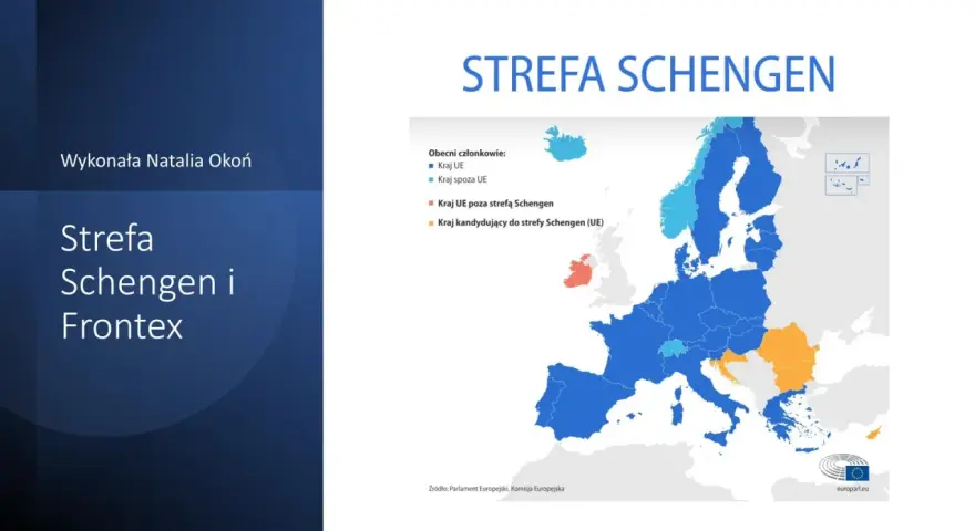 Mapa Europy z zaznaczonymi krajami należącymi do strefy Schengen. Kolory wskazują kraje UE, spoza UE, poza strefą Schengen i kandydujące.