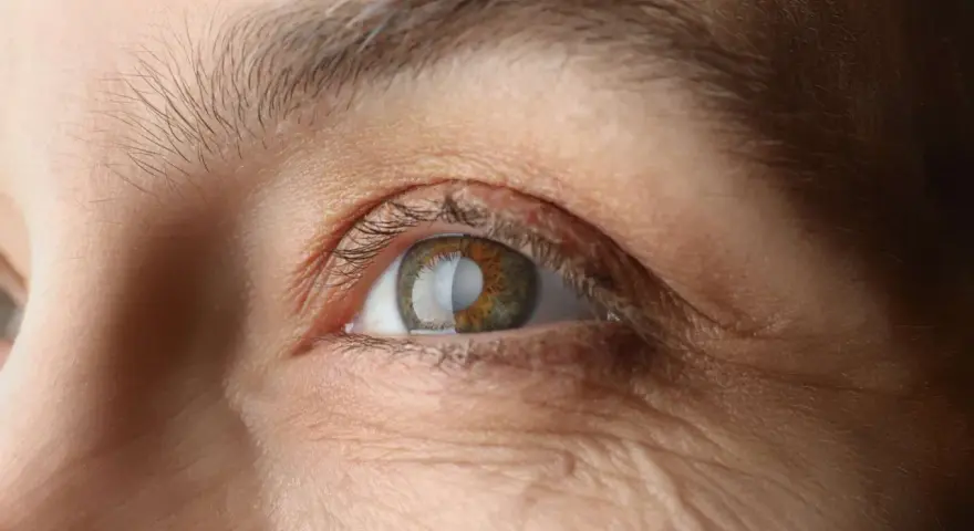 Occhio con rughe evidenti e iride bicolore. Possibili sintomi di alterazione film lacrimale.