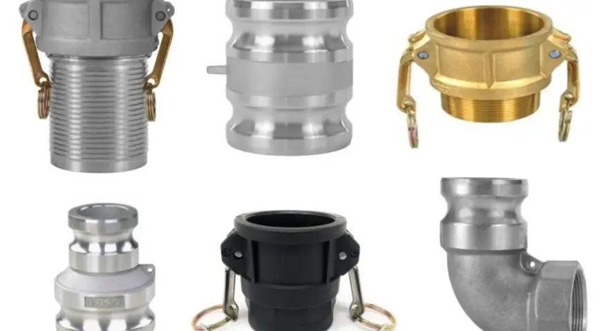 Różne typy złączek camlock: aluminiowe, mosiężne i czarne, w tym kolanko.
