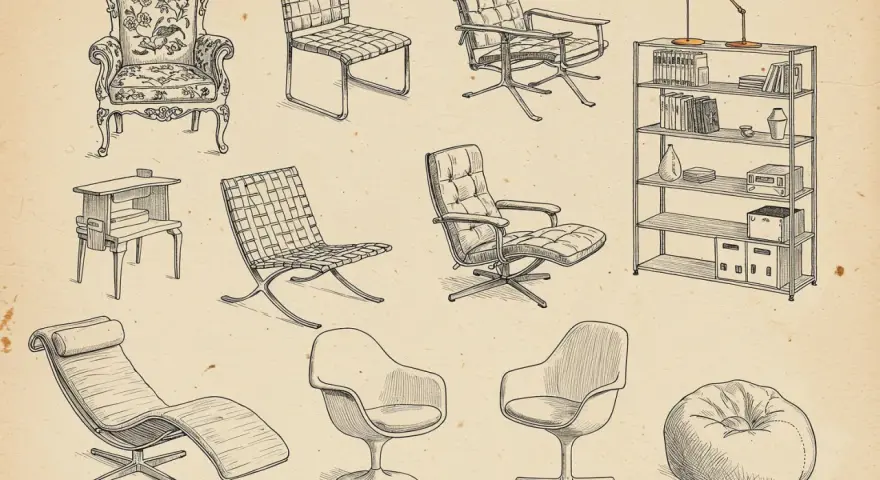 Kolekcja mebli, w tym fotele i leżanka, prezentuje ikony designu. Obok nich stolik, regał z lampką i puf.