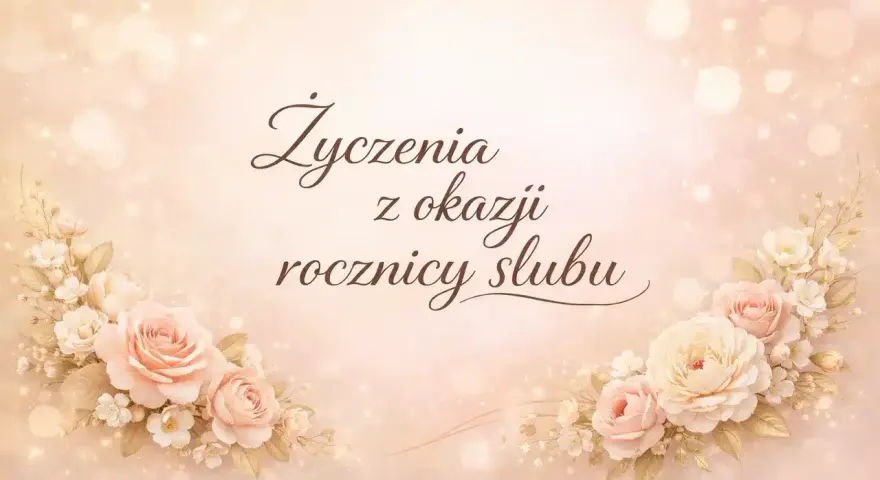 Eleganckie życzenia na 1 rocznicę ślubu, ozdobione pastelowymi różami i delikatnymi światłami.