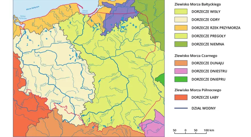 Mapa przedstawia zlewiska rzek w Polsce. Główną rzeką jest Wisła, której dorzecze zajmuje znaczną część kraju.