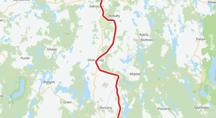 Mapa z zaznaczoną trasą rowerową przez Mazury, wiodącą przez Biskupiec, Szczytno i okolice.